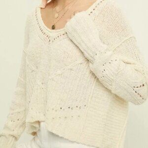 Free People Oversized Chunky Knit V-Neck Sweater Cream Size XL